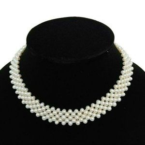 White Freshwater Pearl Multy Strand Choker Necklace 925 Sterling Silver Clasp